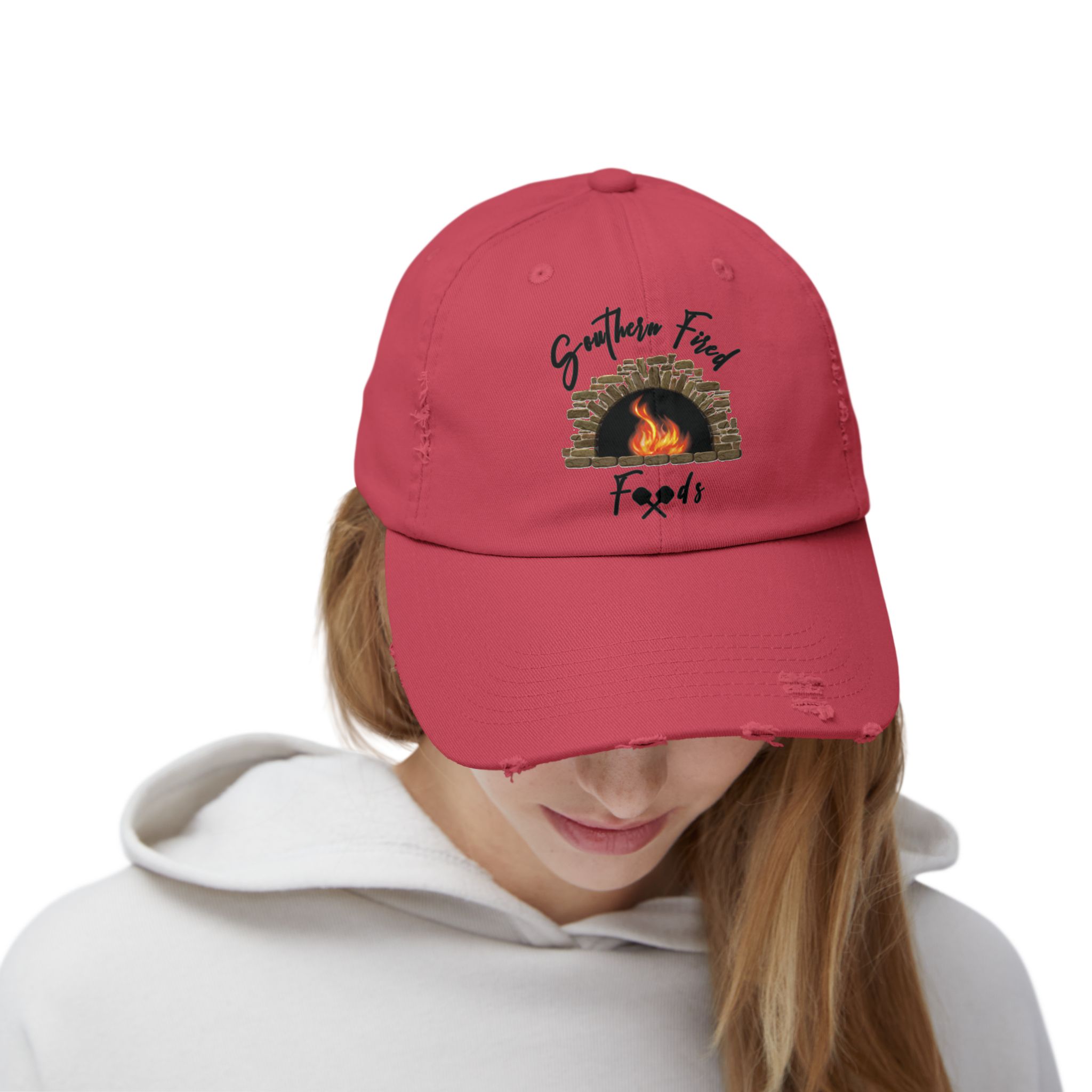 Southern Fire Foods Distressed Cap, Unisex Cap, Casual Hat, BBQ Cap, Gift for Food Lovers, Trendy Headwear